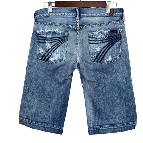 7 For All Mankind DOJO Shorts Long Made  USA Womens 28 Blue Denim Distressed - Picture 2 of 15